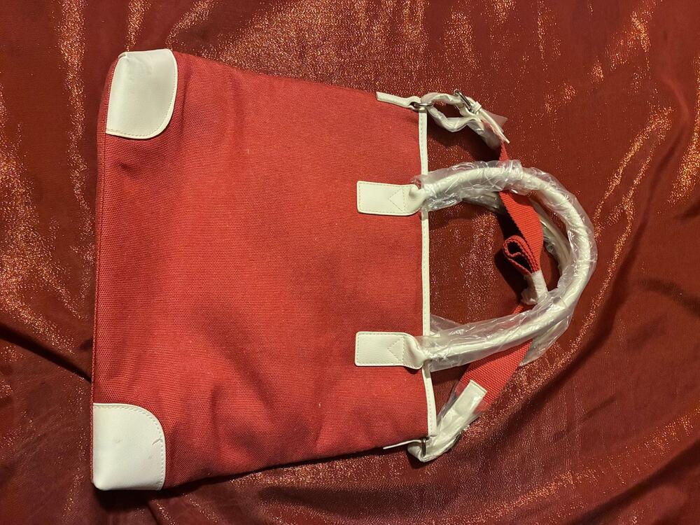 Canvas Tote Bag Womens Red White Trim Top Handle Shoulder Purse Handbag Large
